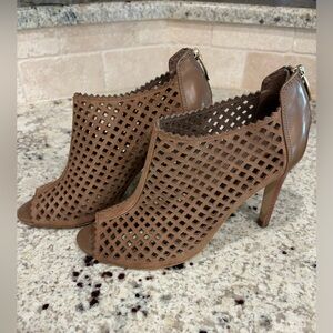 Marc Fisher Peddle Peep Toe Leather Suede Heels Laser Cut Bootie